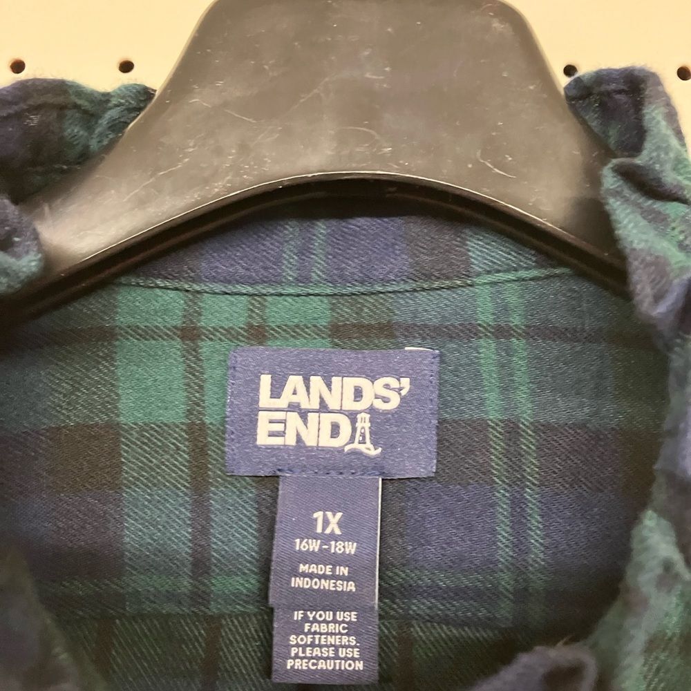 Lands' End Blue and Green, Black Watch Plaid Flannel Shirt, Ladies 1X. - Picture 2 of 5